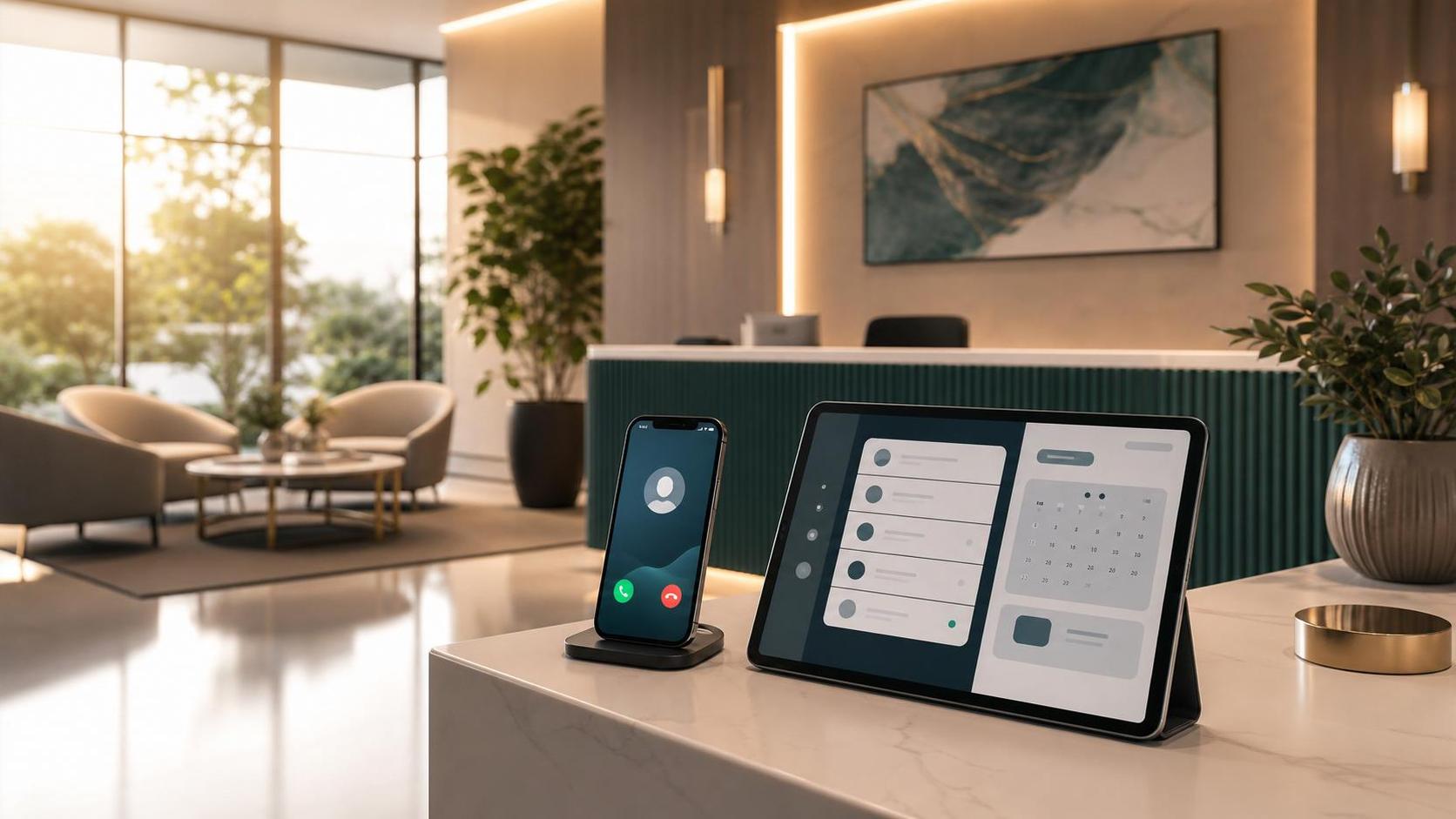 Upscale clinic front desk with a tablet and phone ready for after-hours lead capture